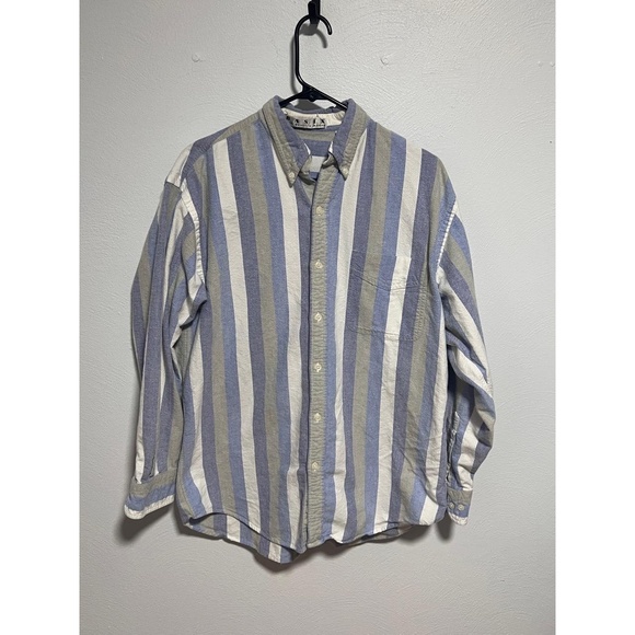 BASIX Mens Blue White Grey Striped Collared Long Sleeve Button Shirt Size Medium - Picture 2 of 5